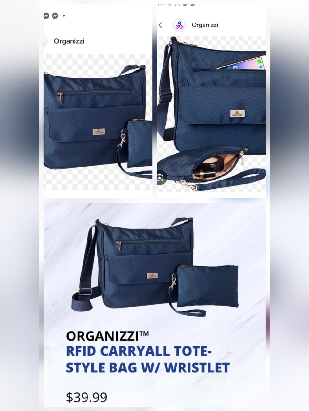 Organizzi Navy Crossbody Travel Safety Tote Bag - All-Purpose Everyday Purse